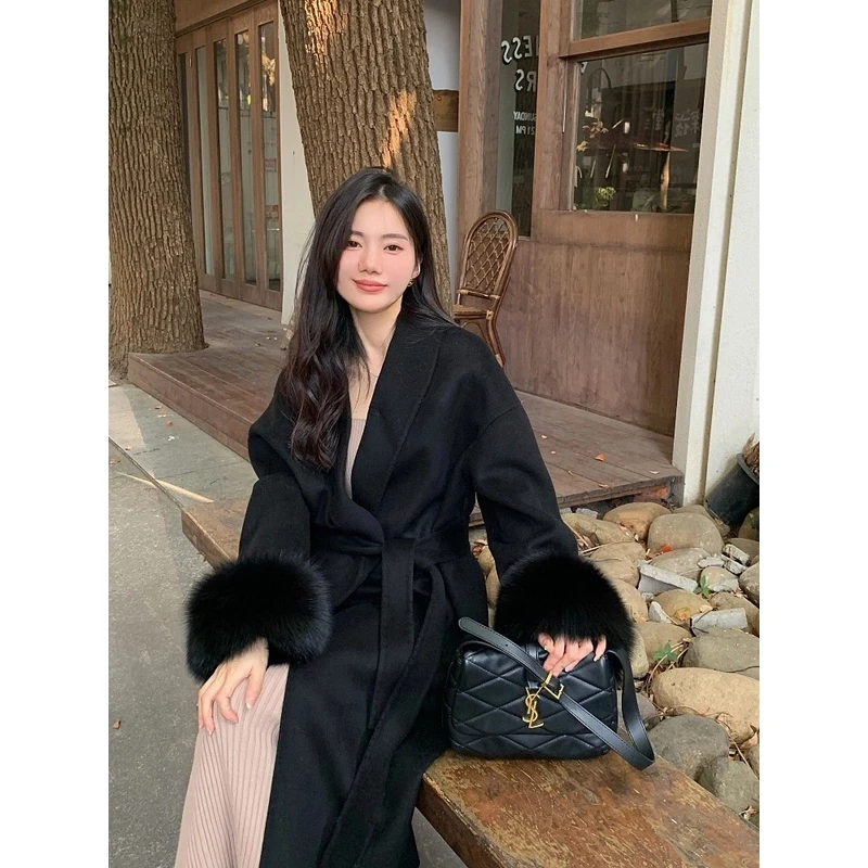 双面大衣女高个子长款气质仿狐狸毛袖口高级感高贵气质毛呢外套