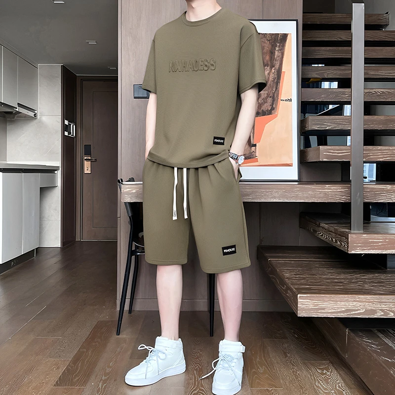 青少年薄款速干透气短袖套装男士夏季潮流钢印字母简约宽松两件套