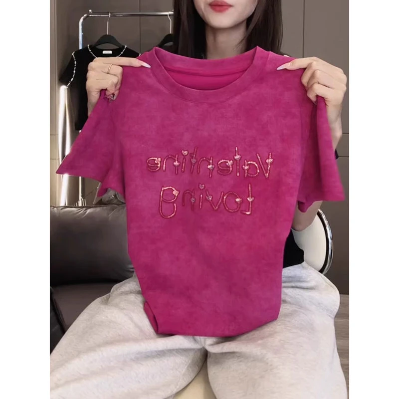 正肩短袖t恤女夏季2025新款hhj设计感小众刺绣重工艺短款上衣修身