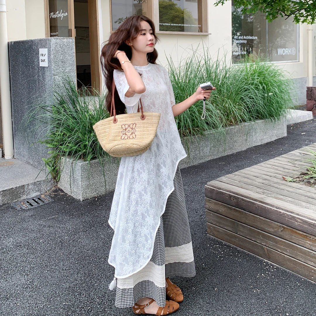 不规则蕾丝罩衫阔腿裤套装女2025夏季新款甜美显瘦格子长裤两件套