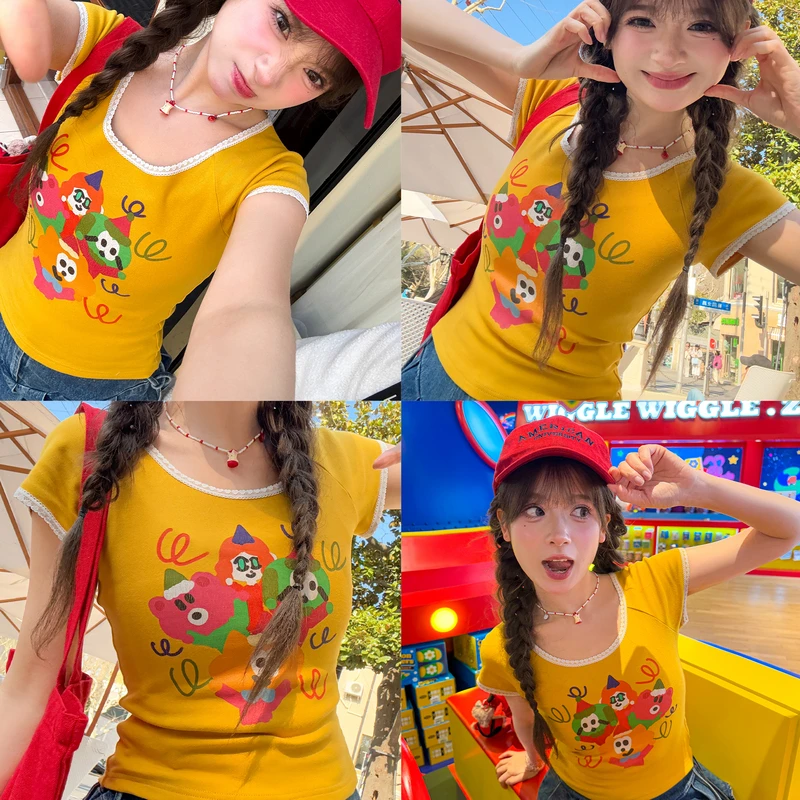 森女部落原创设计短袖上衣童趣手绘印花T恤女夏季多巴胺少女新款