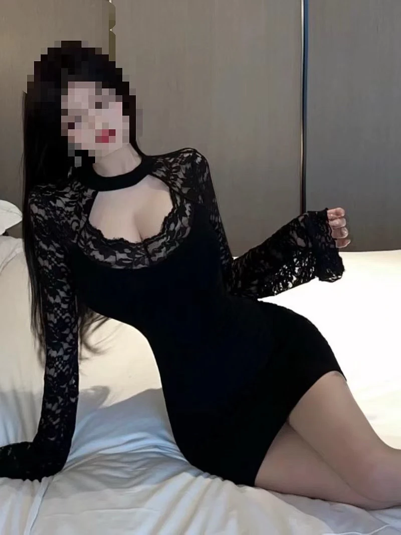 大码纯欲蕾丝拼接性感包臀辣妹黑色打底内搭紧身收腰连衣裙6933