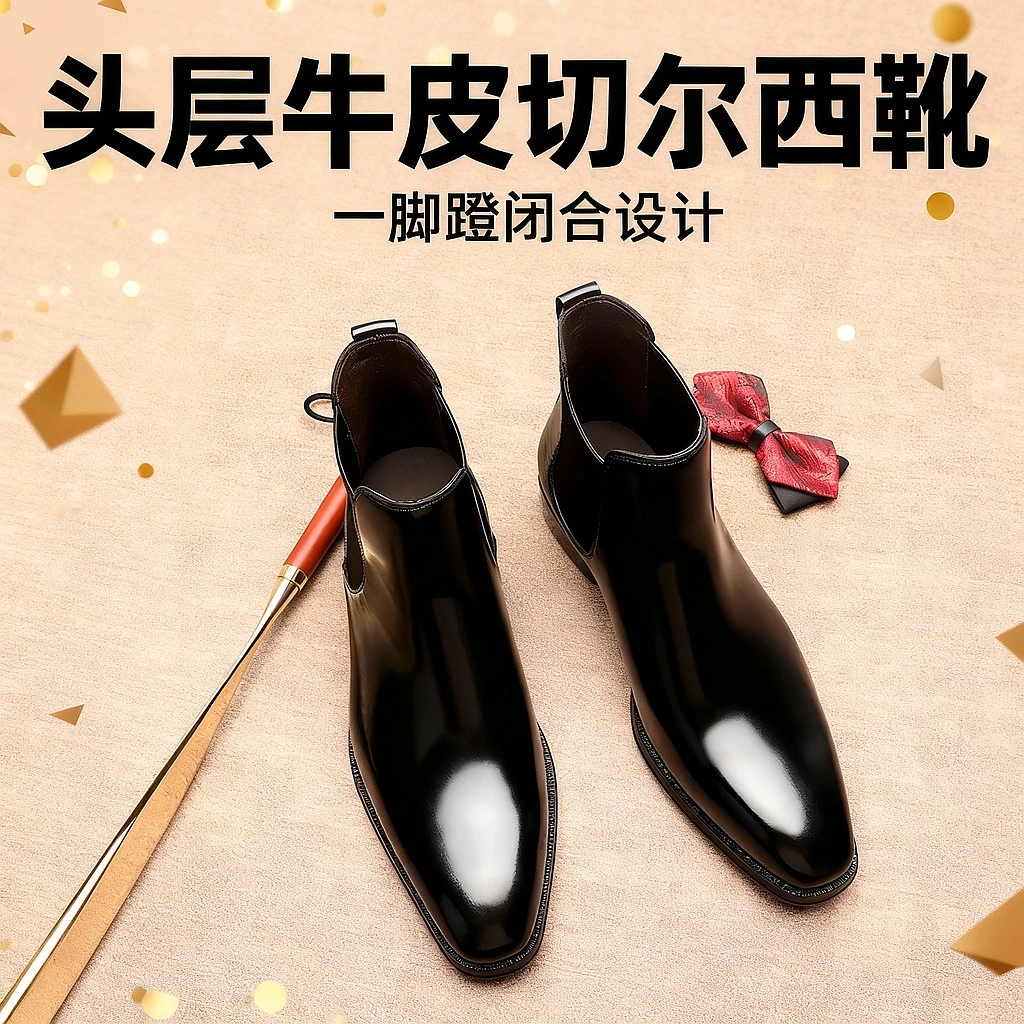 型男帅气切尔西靴男潮流一脚蹬高帮皮鞋真皮英伦风皮靴马丁靴新款