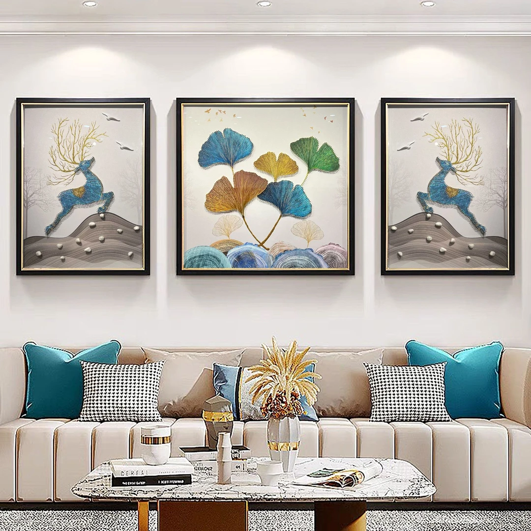 幸福有你高端手工立体沙发三联画客厅金帝丝绕线大气装饰挂包安装