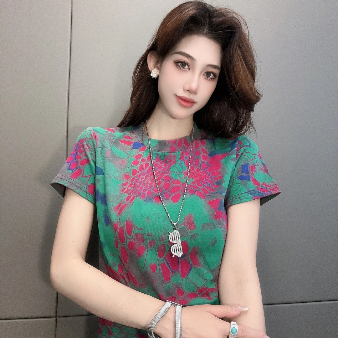 芈芈 2025新款短袖 欧货满印方格时尚短袖T恤女显瘦百搭上衣3674