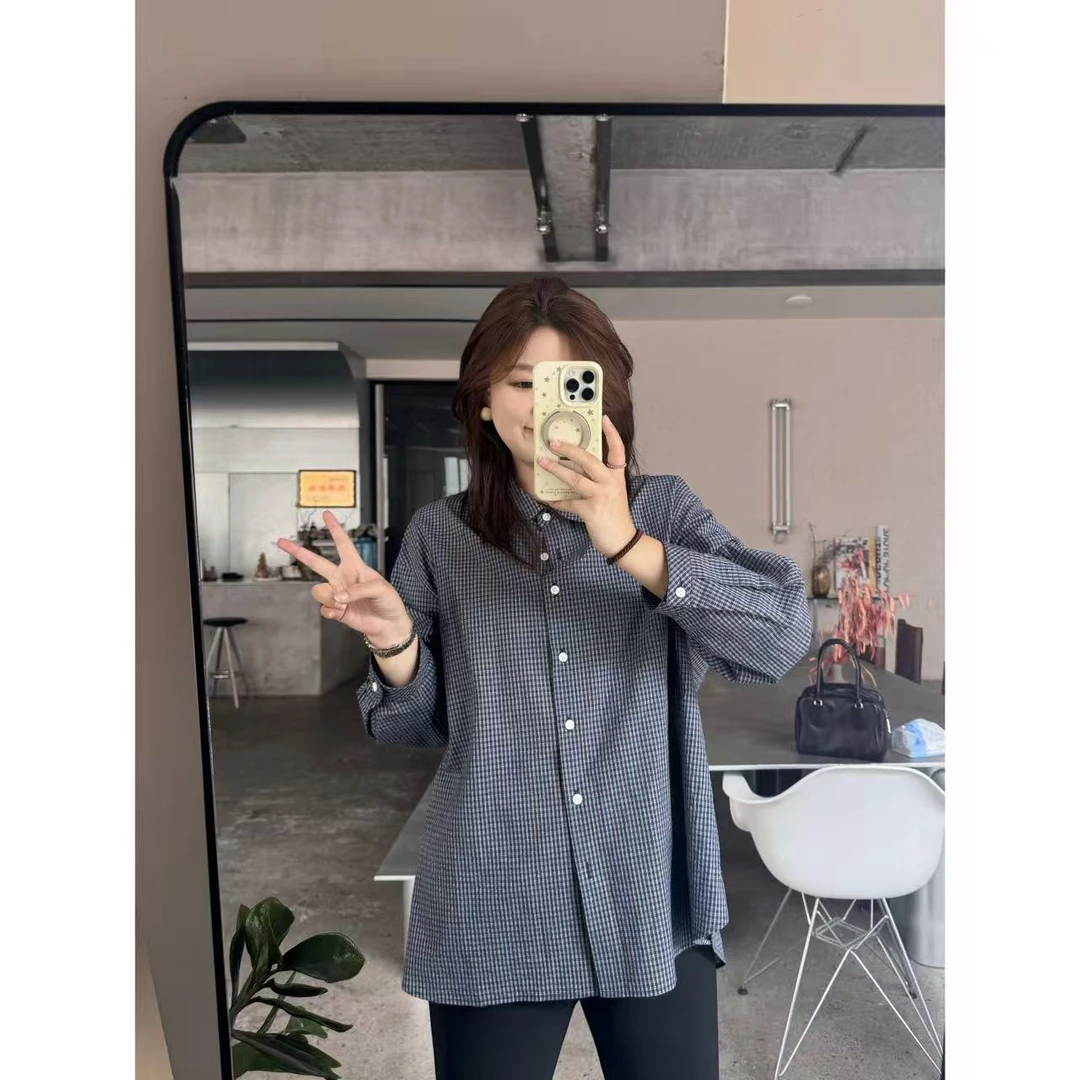 晶咕佳佳【首尔落叶】细格纹蓝色长袖衬衫衬衣时尚休闲韩版百搭