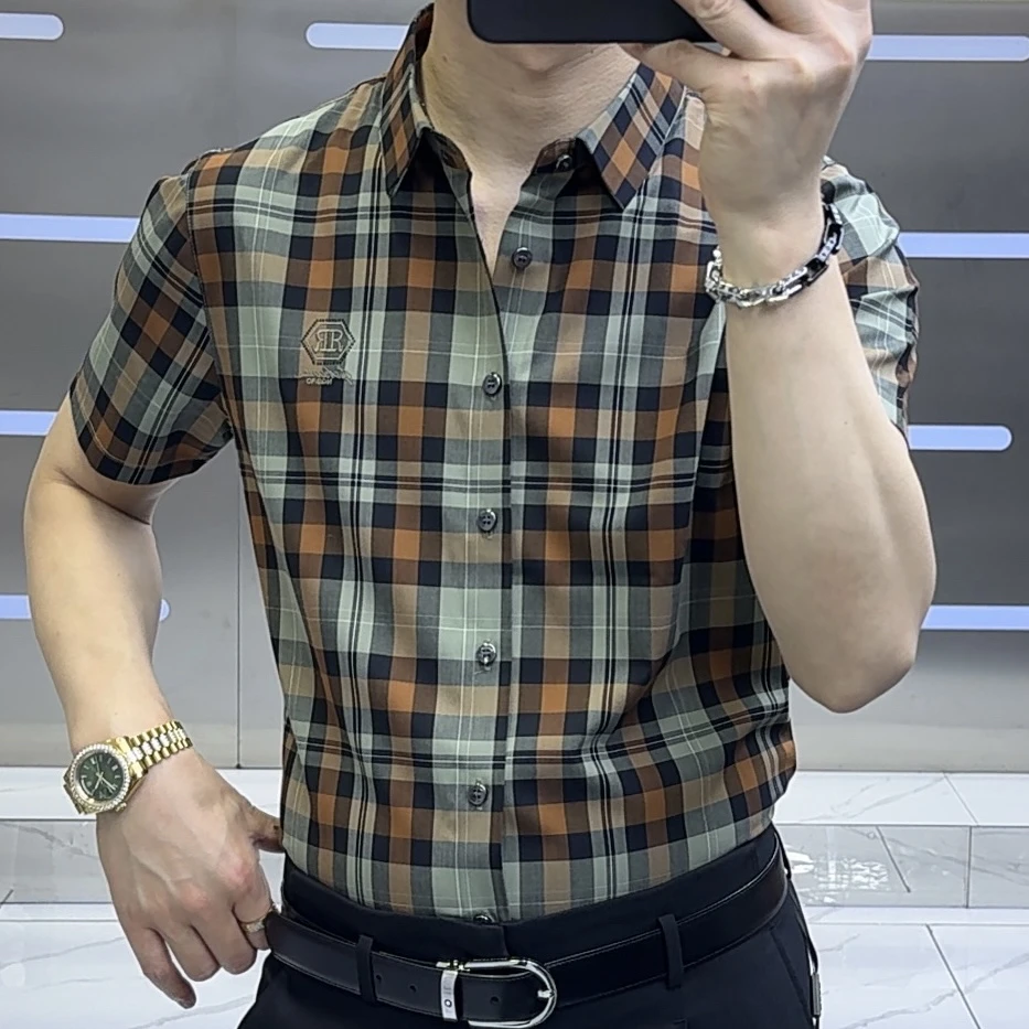 潮流男士夏季商务衬衫薄款夏季男短袖格子衬衫男士格纹时尚衬衣