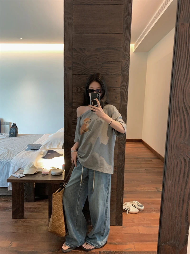 【OPENING自制】蓝调叙事 抽绳收腰水洗蓝色直筒牛仔裤