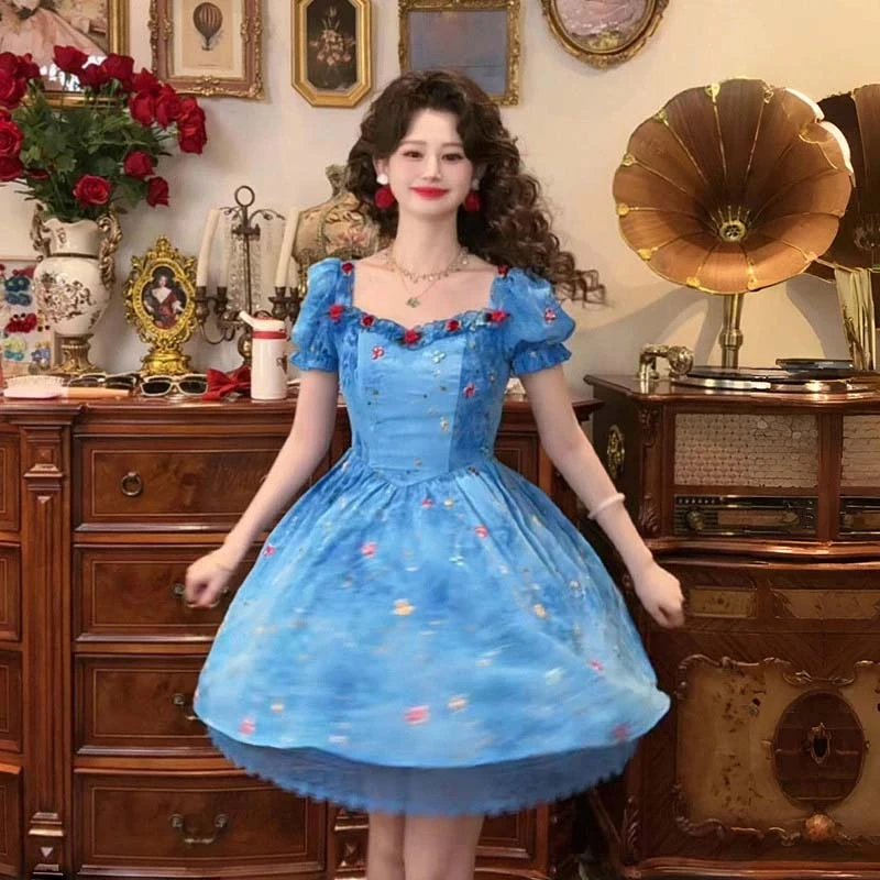 【文文】【有里布】夏季法式蓝色碎花连衣裙子女夏季2025新款D2168