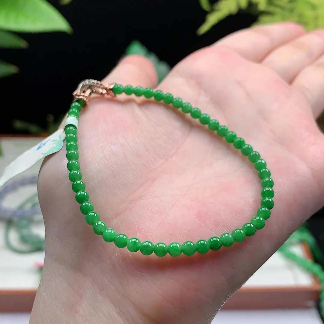 天然A货翡翠，冰润满绿小米珠手链 尺寸3.4mm0221时尚单圈百搭绿色