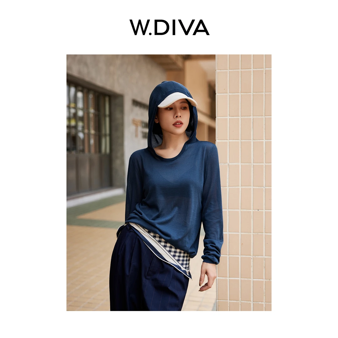 W.Diva【蓝夏】100天丝凉感亲肤休闲百搭慵懒连帽长袖上衣52Z152113