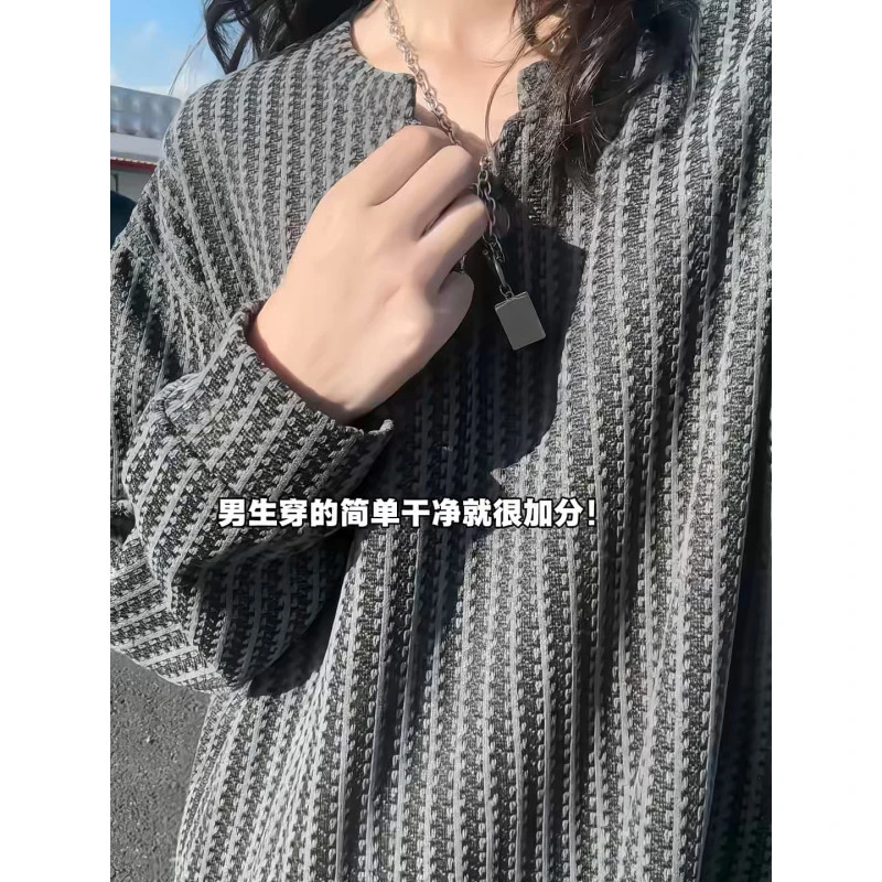 鱼骨纹v领长袖t恤男秋季拼色条纹打底衫卫衣松弛感宽松情侣上衣潮