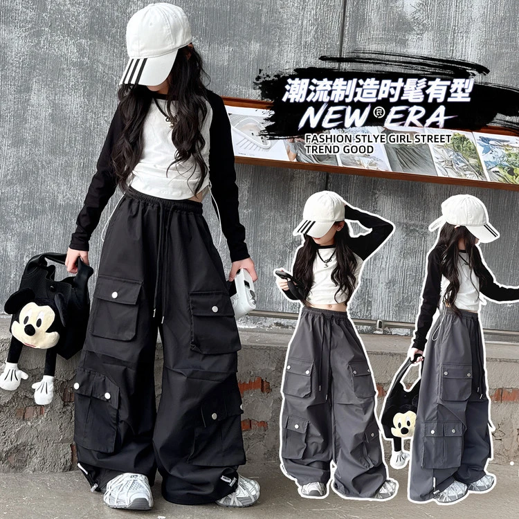 裤子工装春秋纯色女童中大童