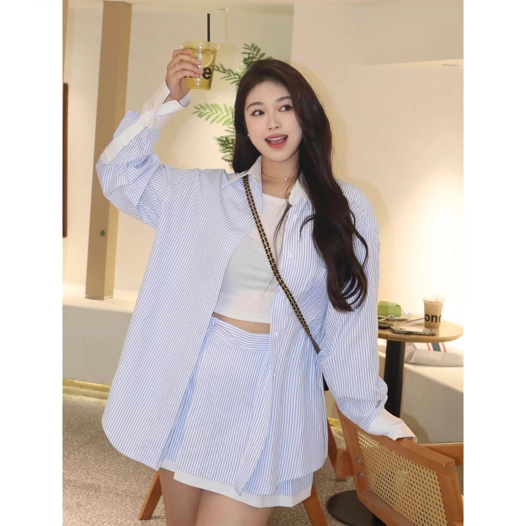 超好看条纹衬衫套装女2025夏季蓝色撞色防晒上衣设计感裙裤两件套