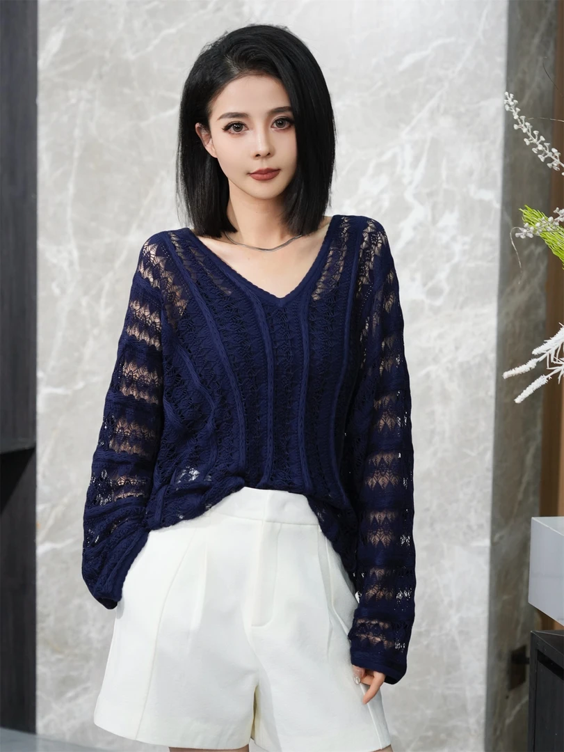 POPULARYW【雾失楼台】Z·R上品屋 V领慵懒宽松镂空钩花长袖针织衫
