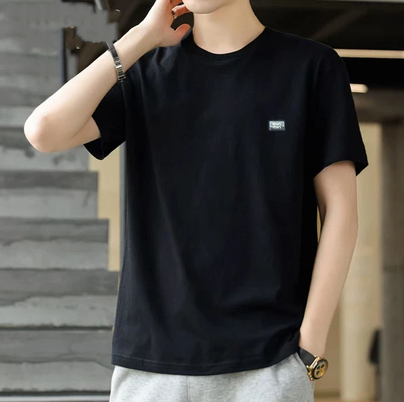 罗马棉【钢标MIMI】时尚T恤宽松百搭男士圆领三本针走线