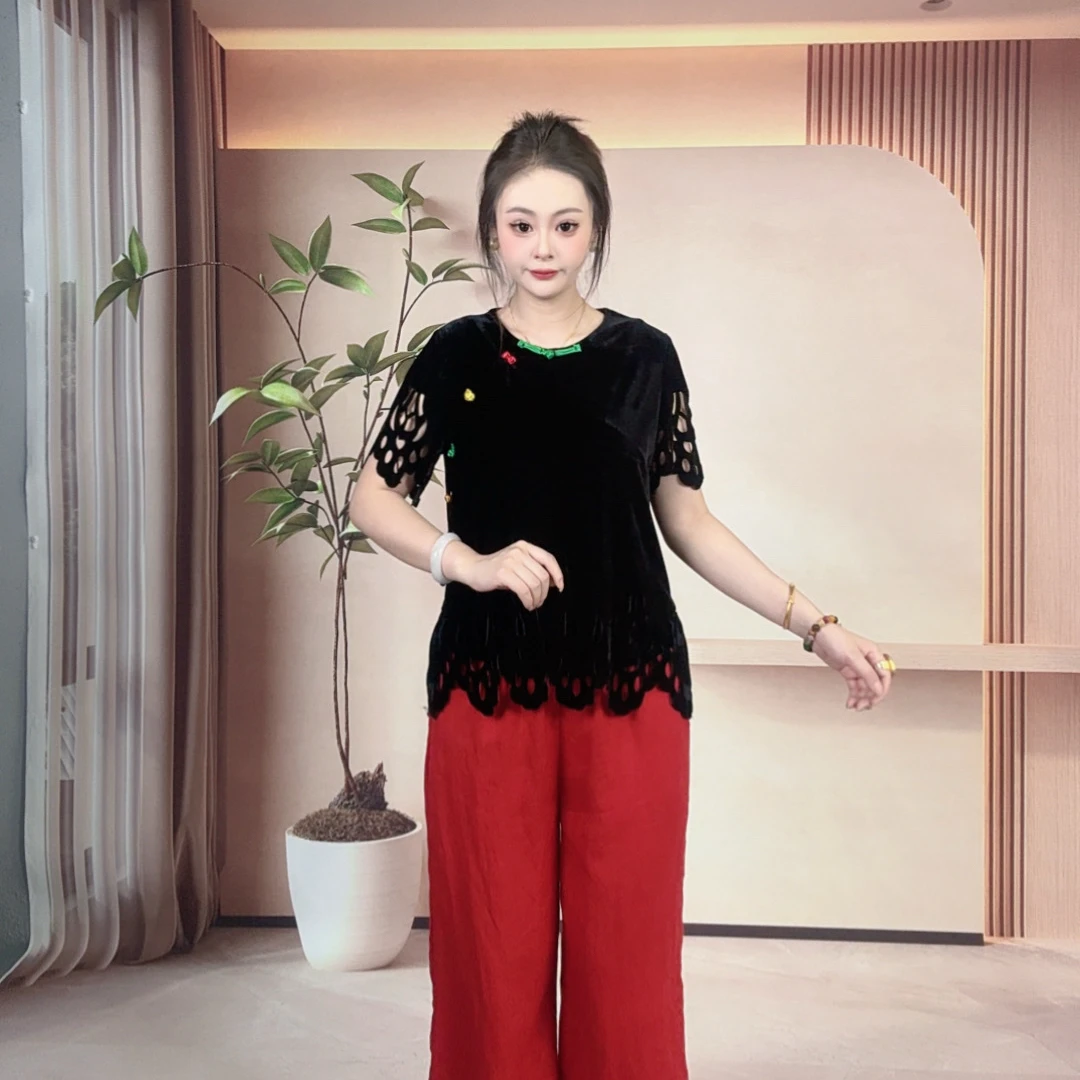 2025夏季新款丝绒镂空设计手工盘扣气质T恤时尚复古休闲#60051