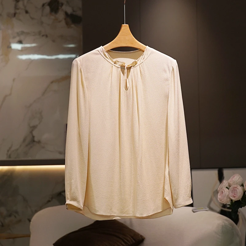 【鬼绉真丝】浅卡其色立领套头衬衫2024秋季新款减龄桑蚕丝上衣女装