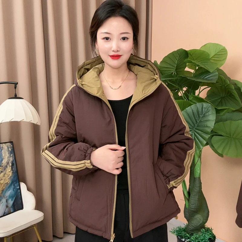 新款秋冬女士时尚双面穿连帽棉衣加厚拼接款休闲保暖棉服外套