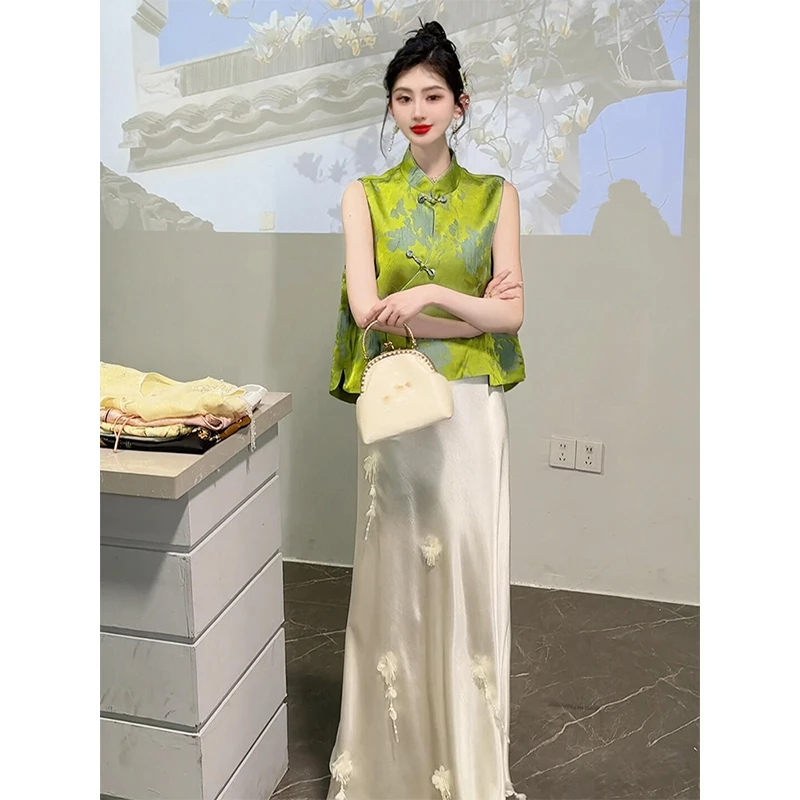 2025夏季新款新中式国风女装绿色重工刺绣马甲半身裙小个子两件套