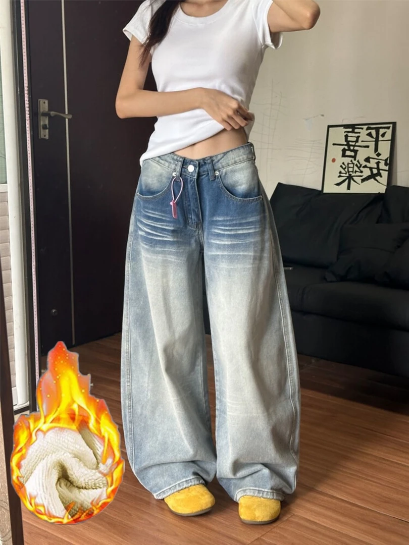 加绒加厚小个子美式复古口袋刺绣弯刀牛仔裤女秋季低腰宽松阔腿裤