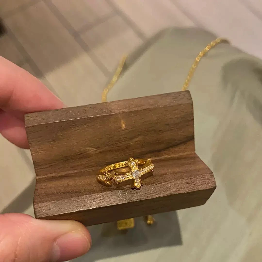 铜合金戒指 个性简约十字架戒指开口金色冷淡风戒指小众