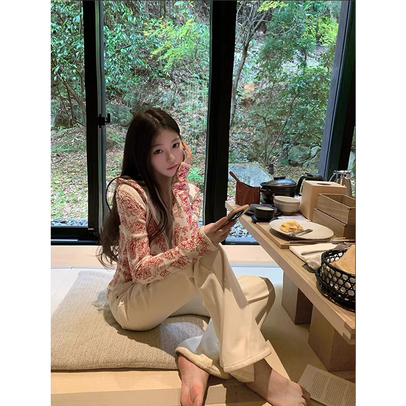 2025年早春新品设计感连帽针织开衫长袖外套高腰长裤时尚三件套