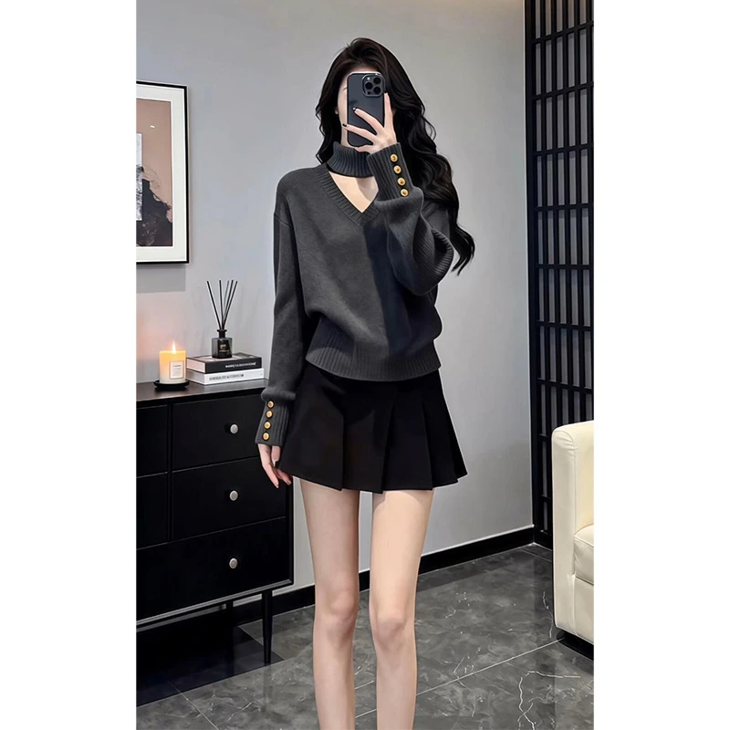韩系简约风V领挂脖深灰色毛衣女秋冬休闲长袖针织衫上衣半裙两