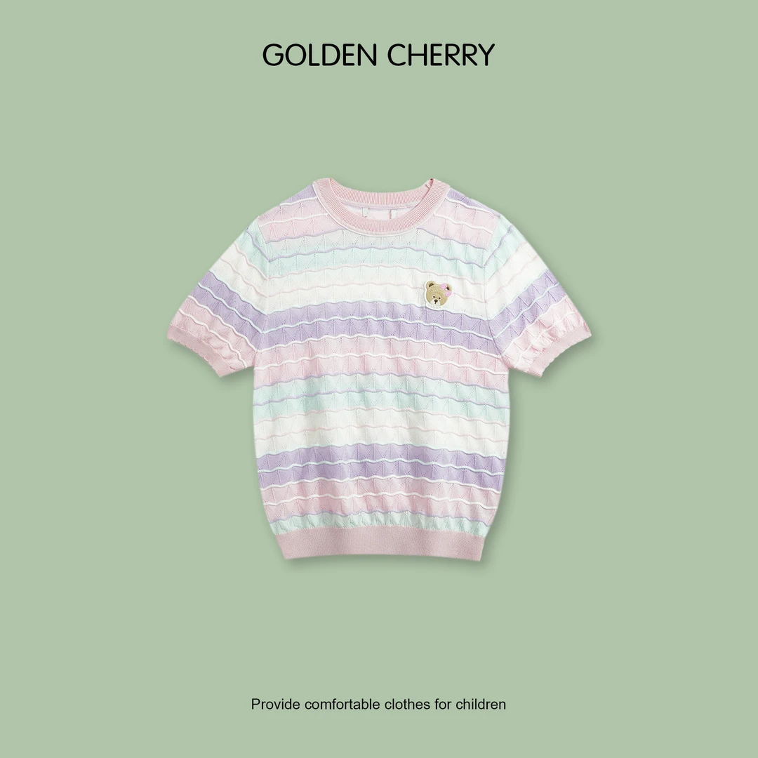Y【Golden cherry】儿童彩虹条小熊刺绣百搭T恤