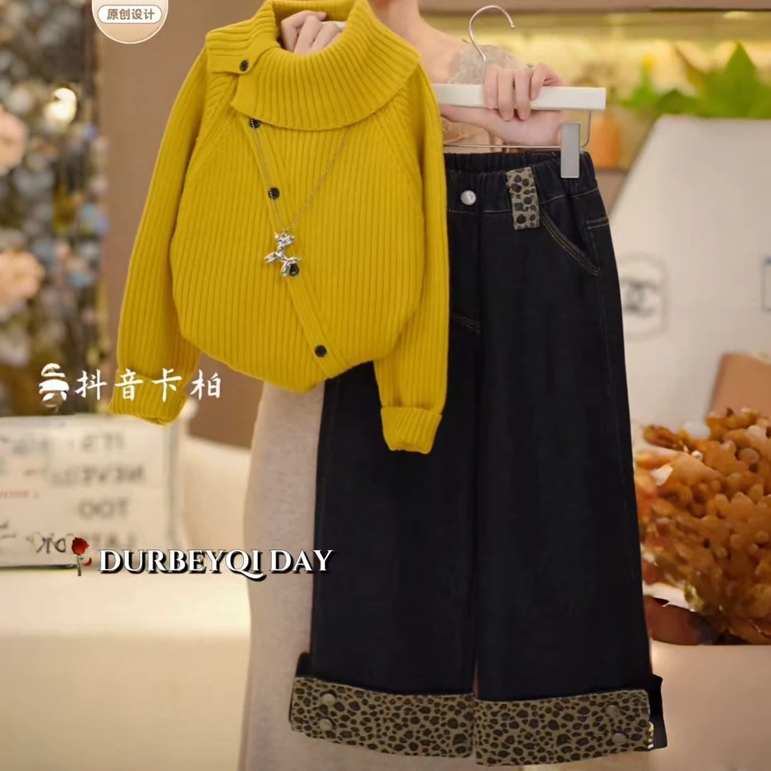 女童2025冬季新款韩版翻领纯色毛衣松紧腰加绒牛仔裤套装5902