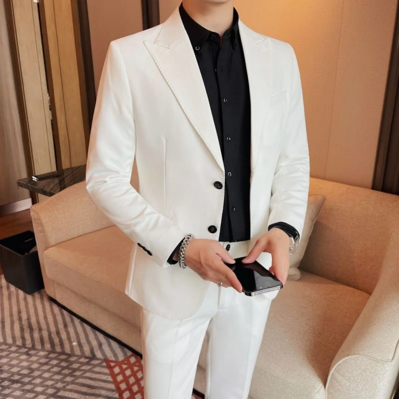 西装套装男2025新款高级感商务修身英伦潮流痞帅气白色西服两件套