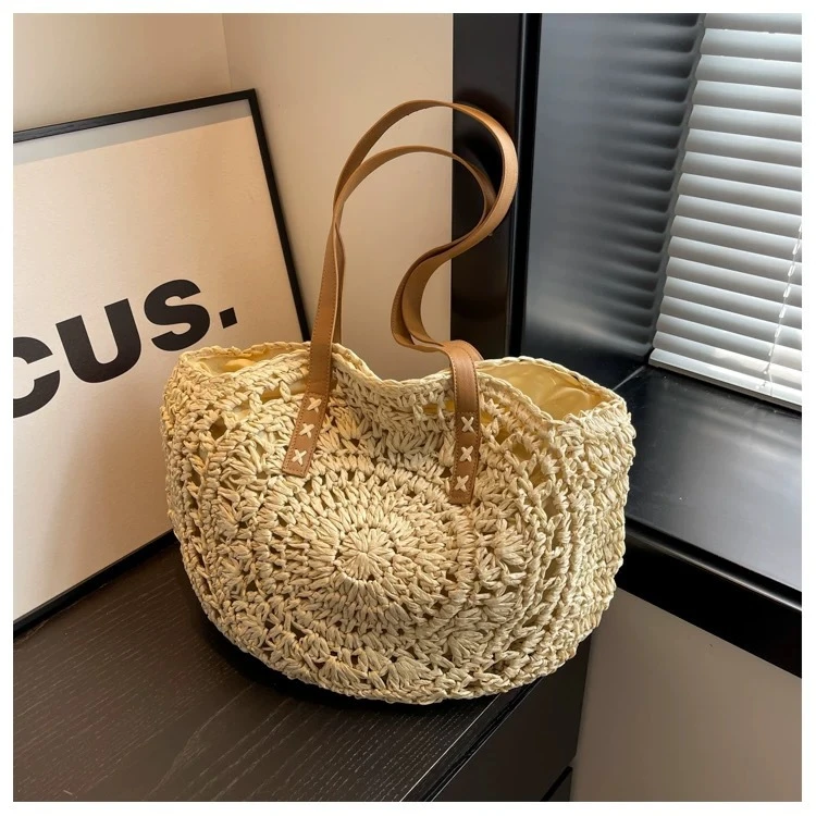 圆形单肩草编包包女2025新款编织包大容量托特包度假沙滩包草包