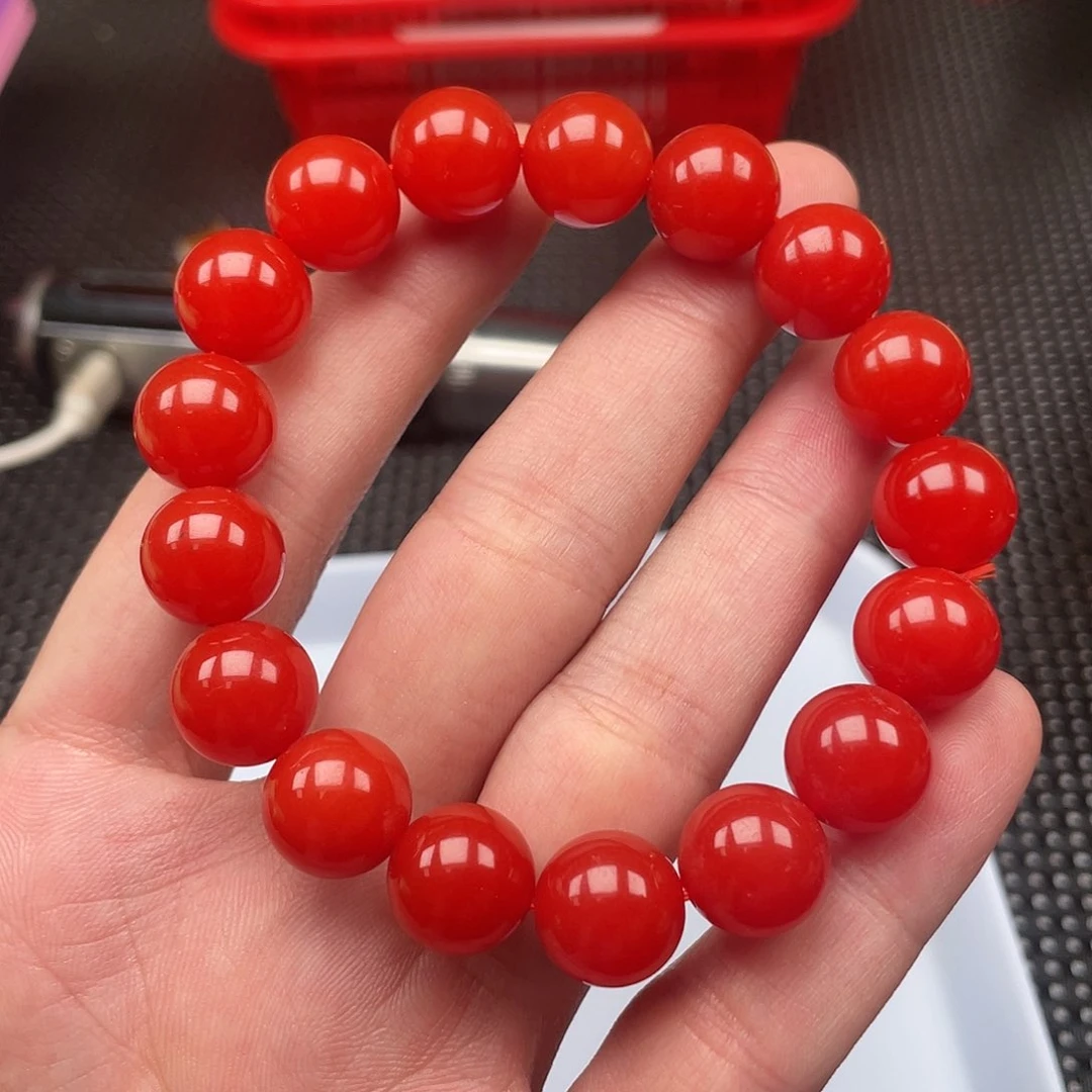 南红玛瑙12mm锦红亮光圆珠手串 38号未镶嵌
