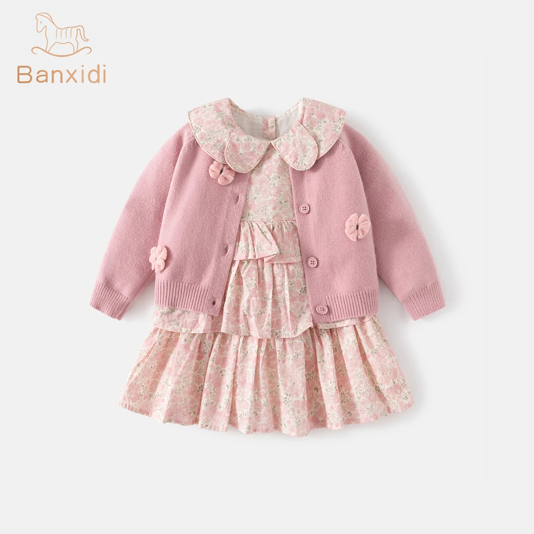 班喜迪女童连衣裙秋装洋气宝宝开衫套装周岁礼服秋冬儿童碎花裙子