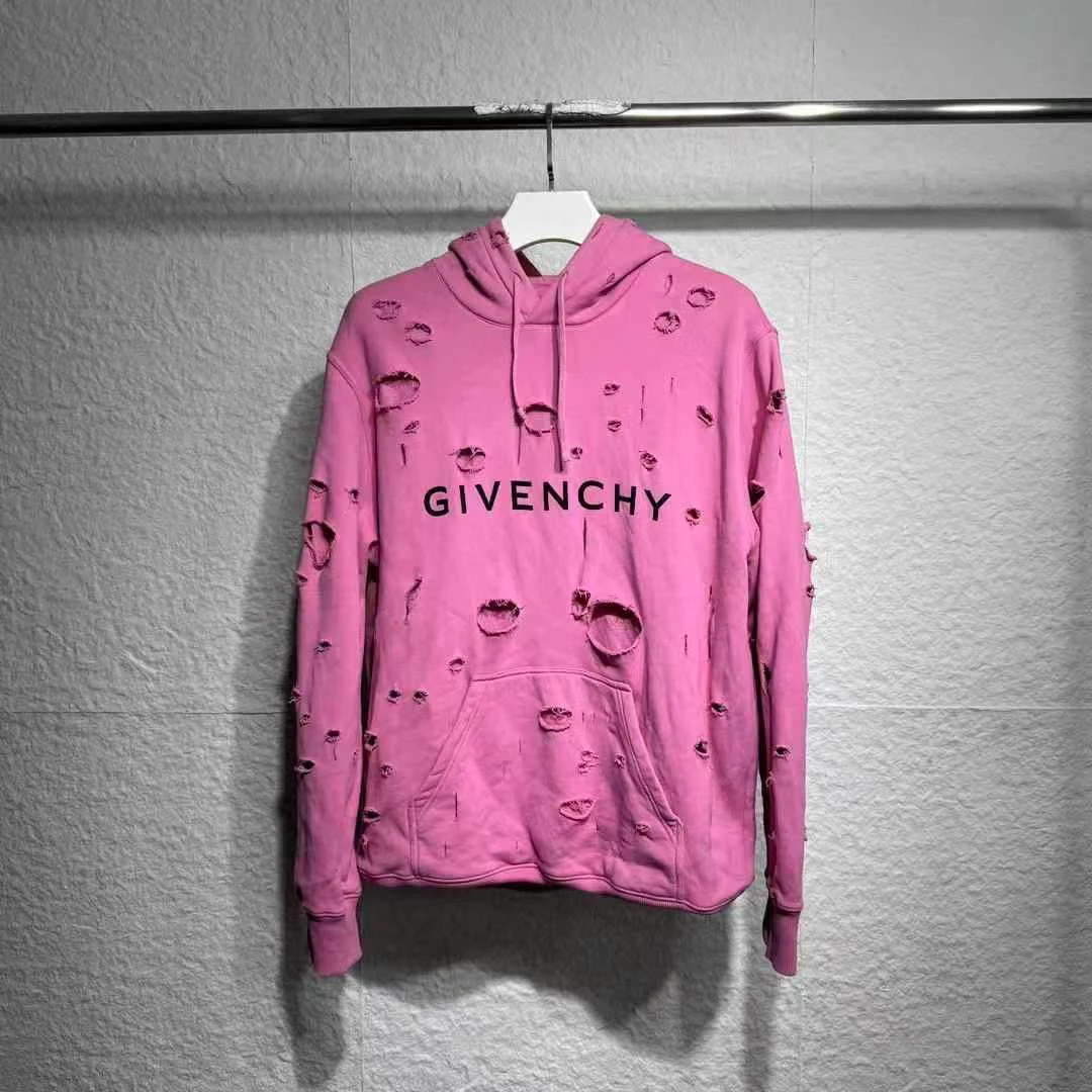 95新 Givenchy/纪梵希 L码 粉色破洞破坏帽衫