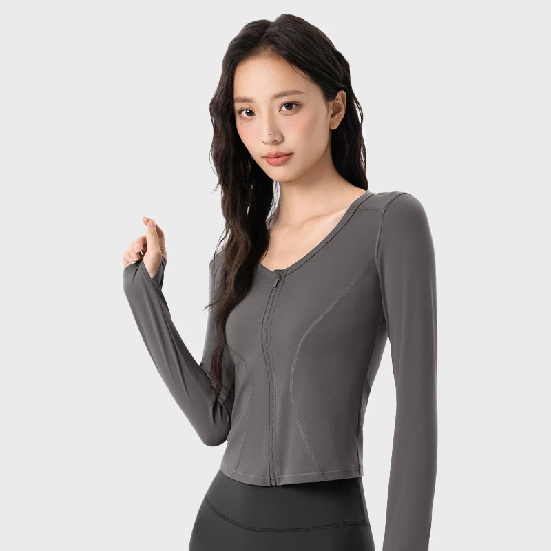 新款瑜伽长袖女秋季裸感修身显瘦长袖上衣瑜伽服V领跑步拉链开衫