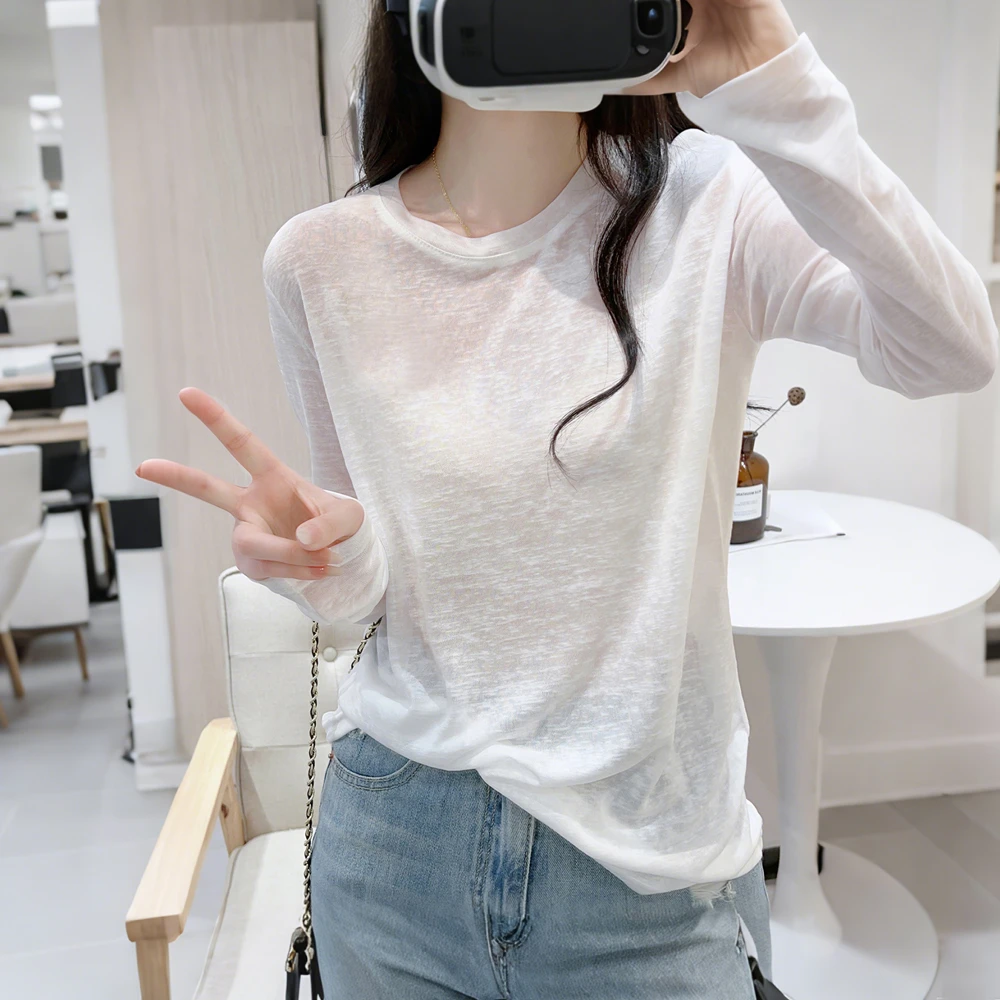 夏季新款雪花棉圆领长袖防晒T恤女韩版宽松休闲垂感罩衫薄款上衣