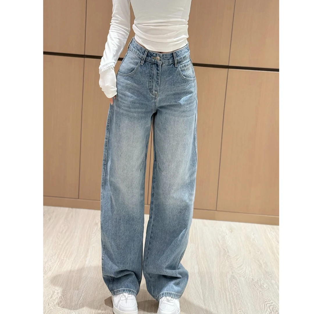 春款时尚百搭高货高腰休闲直筒牛仔裤女显瘦阔腿拖地弯刀裤9517