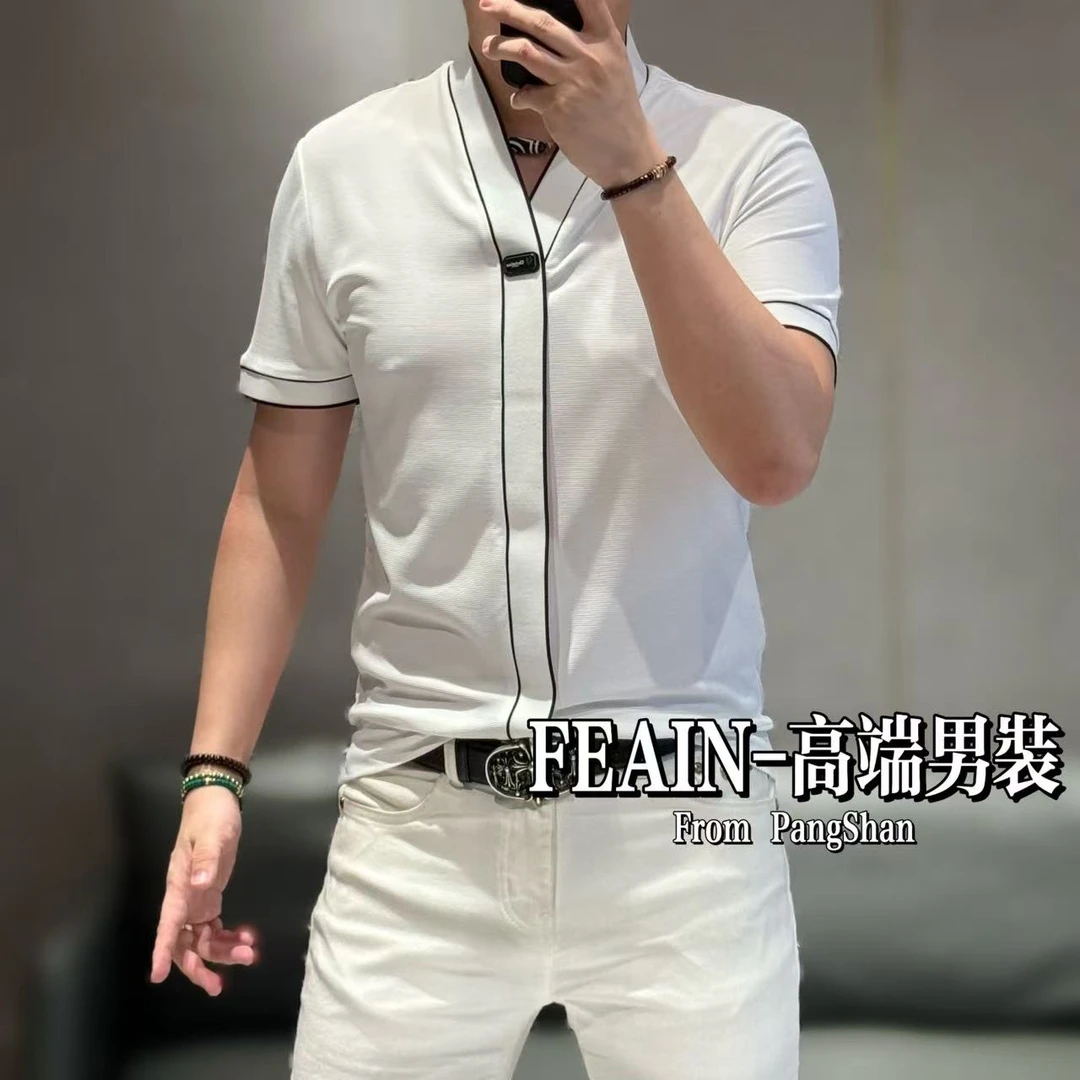 高端定制桑蚕丝混纺男士丝滑青果领设计短袖T恤688