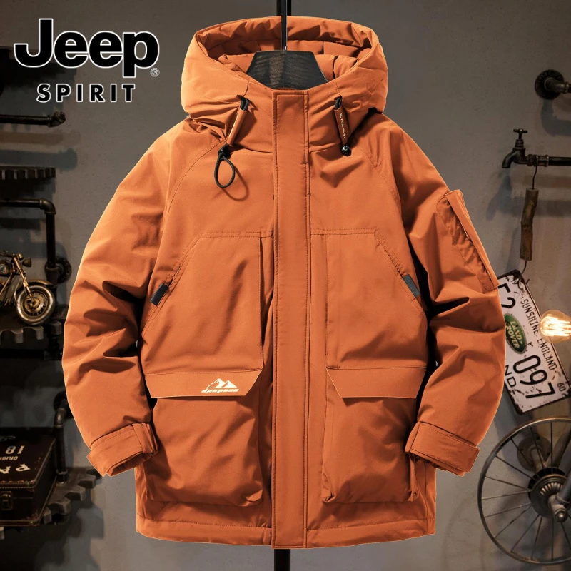 jeep吉普冬季羽绒服男潮流多口袋工装夹克防风保暖白鸭绒连帽外套