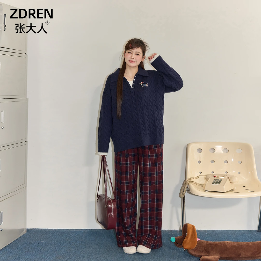 张大人【巴黎时刊】大码女装微胖妹妹休闲宽松格纹裤搭毛衣套装秋季