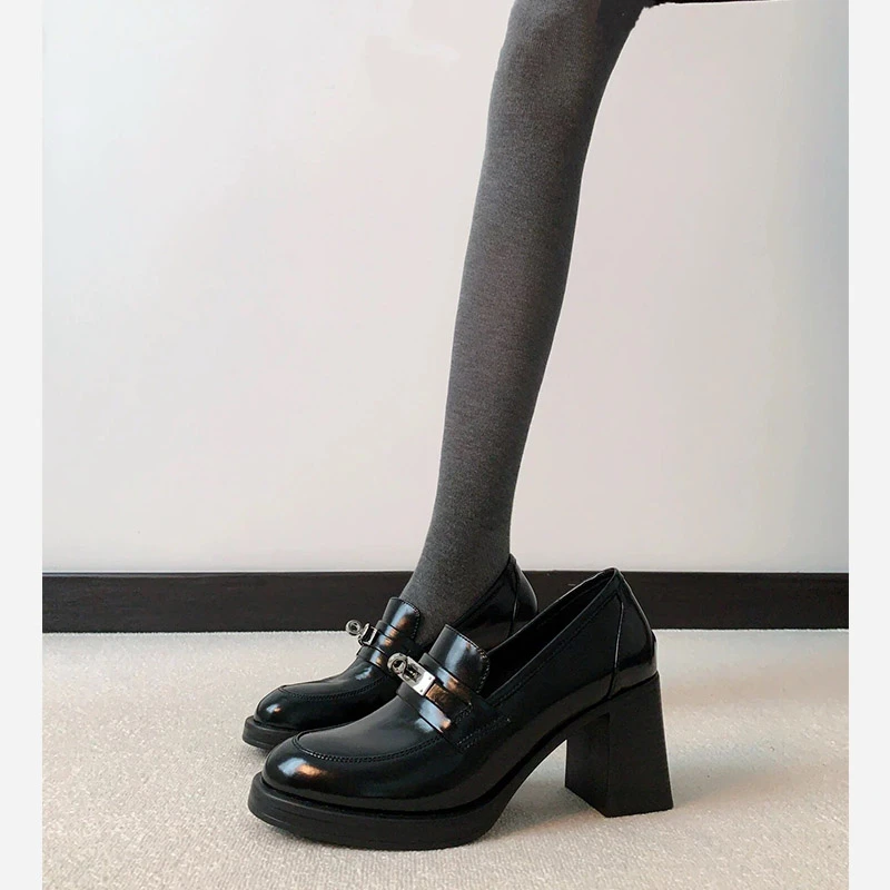 羊皮版~增高厚底乐福鞋女高跟粗跟单鞋子通勤一脚蹬英伦风小皮鞋