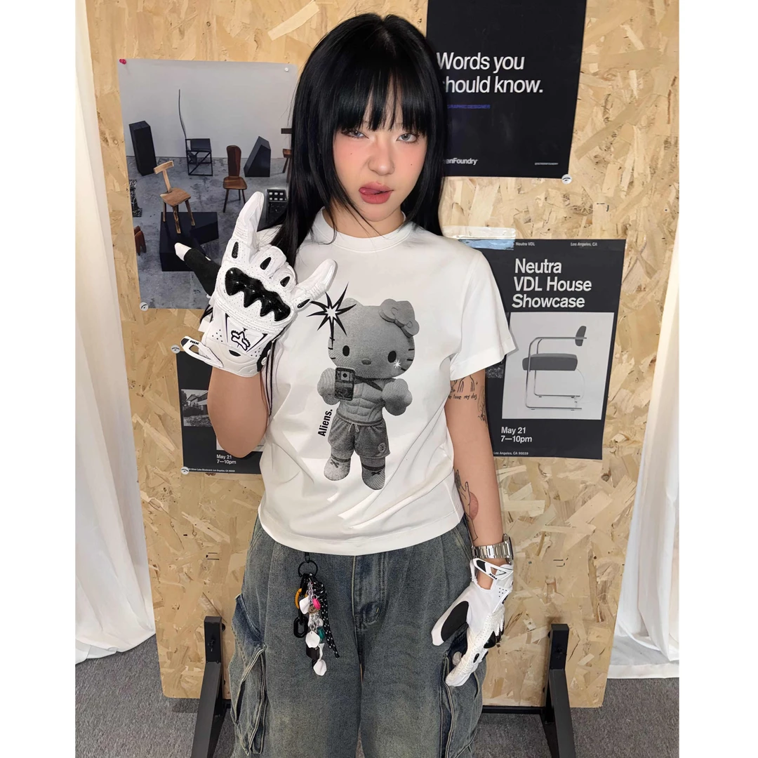 外星沙龙美式复古正肩短袖T恤卡通印花显瘦百搭半袖