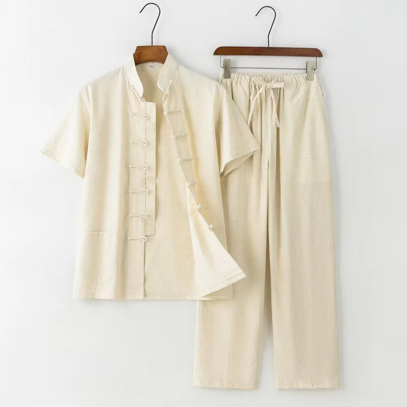 唐装爷爷，中老年中式盘扣套装夏季复古薄款宽松天丝麻！