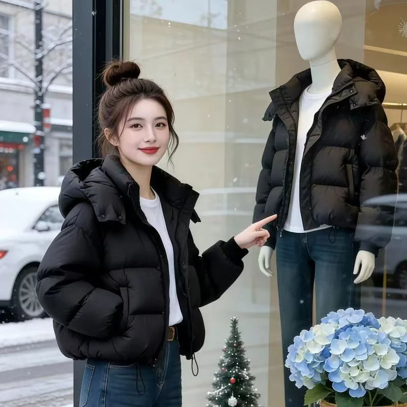 白鸭绒短款韩版2025鸭绒服女冬季新款宽松加厚带帽休闲时尚面包服