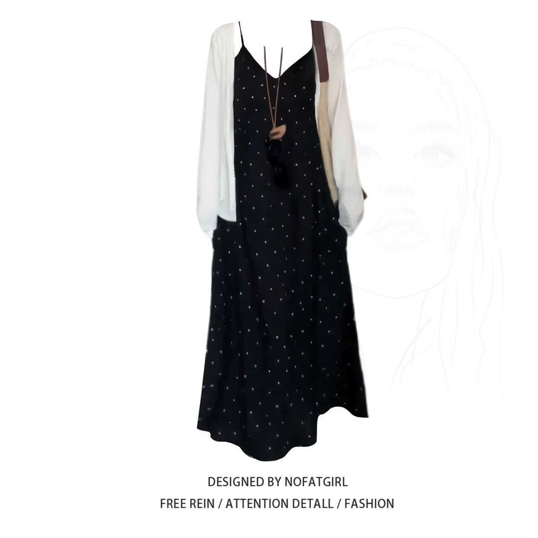 大码胖MM法式波点吊带连衣裙女夏季新款气质显瘦长裙开衫两件套装