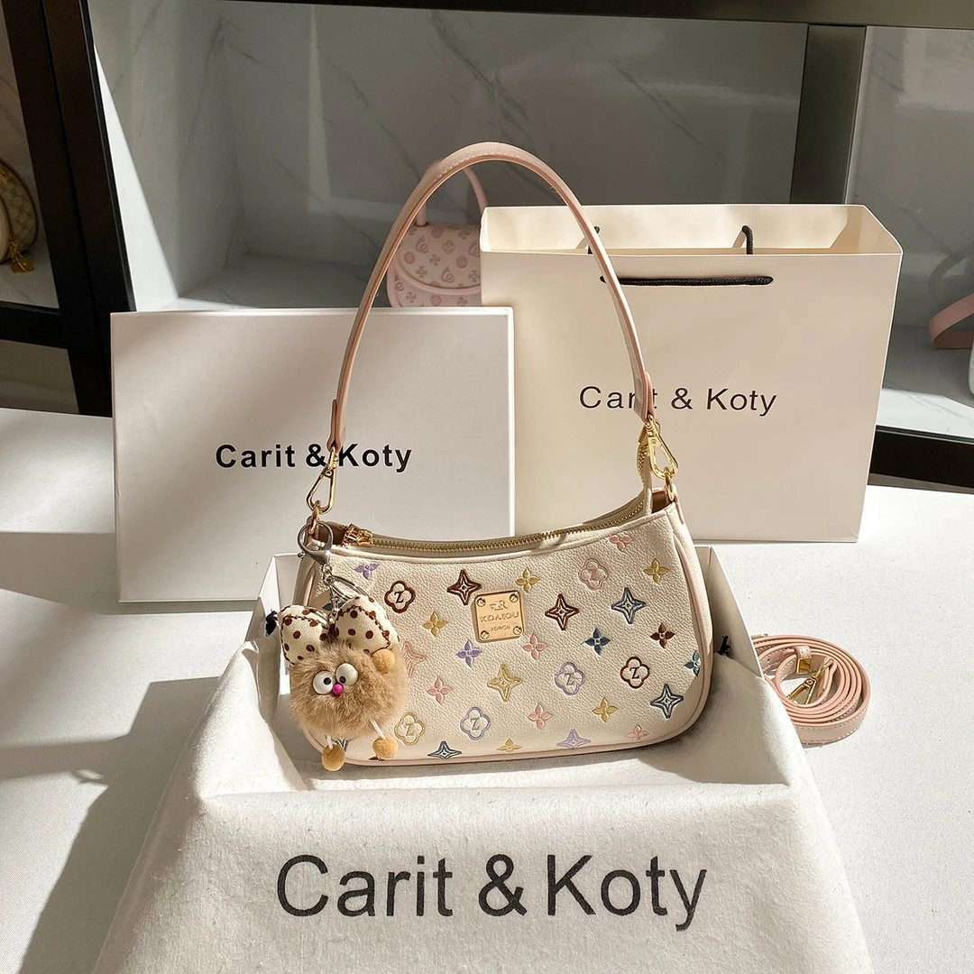 法国品牌新款百搭出门便携今年流行撞色刺绣法棍包包中号托特包包