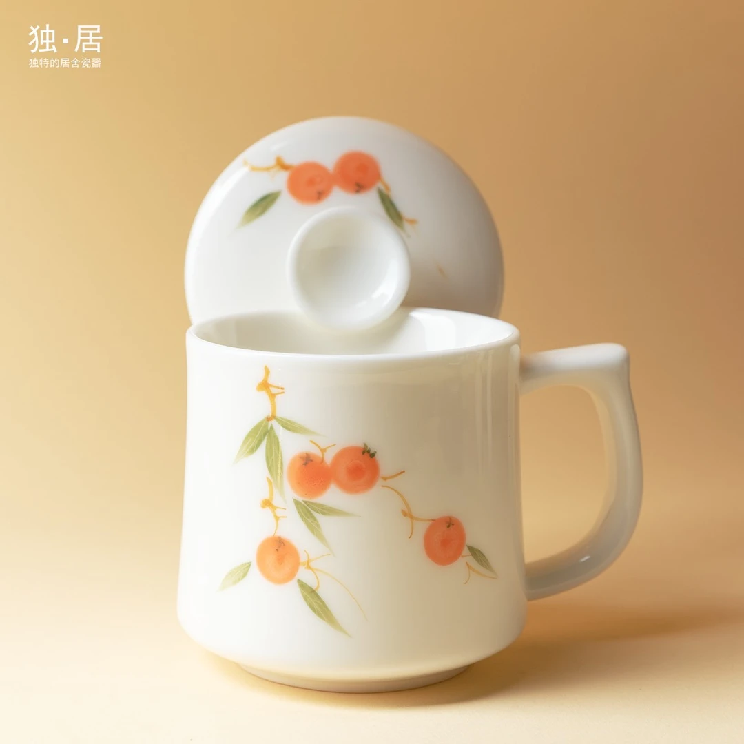 独居羊脂玉手绘陶瓷水杯个人专用办公室马克杯带盖办公杯送礼礼品