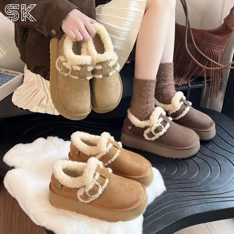 SK韩国设计潮牌秋冬一脚蹬金属扣复古加绒保暖女款勃肯休闲鞋720