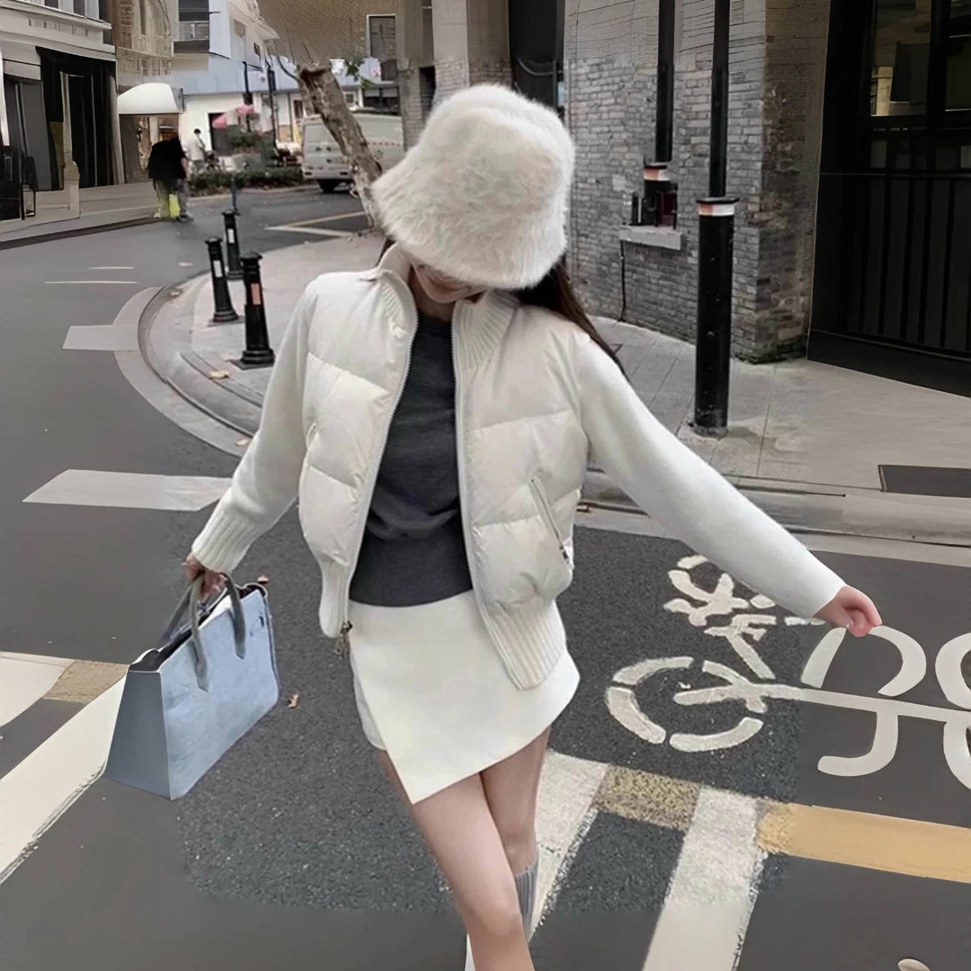 5766偏偏喜欢你 小女人港风高腰针织袖拼接立领棉衣